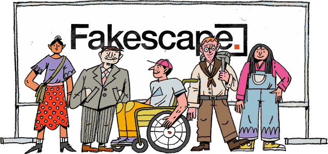 Ilustrace: různí lidé před tabulí s logem Fakescape